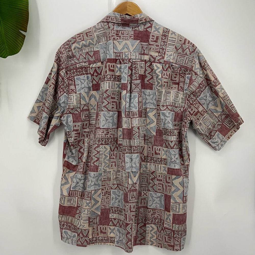 Red Gray Tan Tapa Quilt Design XL Ono Shirt by Liberty House Vintage